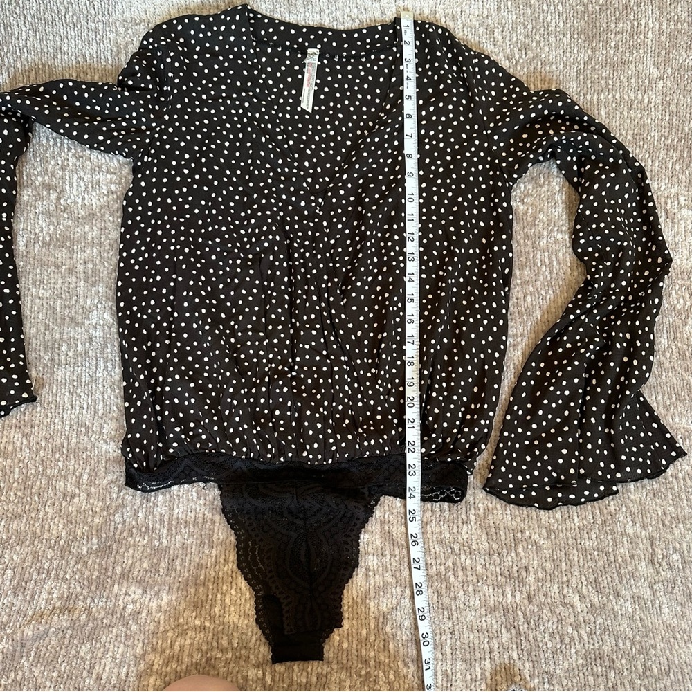 Free People Makin Waves Black Polka Dot Wrap Bell Sleeve Bodysuit - Picture 10 of 12